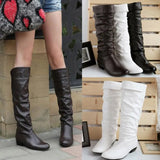 Leahter Knee High Boots Fashion Folding Slip on Winter High Boots Casual Low Heels White Black Long Slim Boots Ladies
