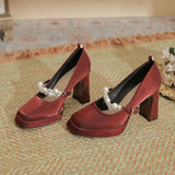 Square Head Thick Heel High Heels 2024 Spring French Pearl One Word Buckle Satin Wedding Shoes Bride