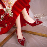 2023 New Crystal Bowknot Wedding Shoes for Women Bride Pointed Toe High Heels Pumps Woman Shallow Mouth Stiletto