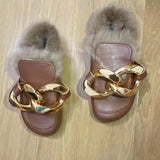 Fur Slippers Loafer Chunky Golden Chains Women Leather Ladies Kopmkp Luxury Mule Sandal Indoor Winter House Shoes Zapato