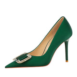 Breakj Fashion Banquet High Heels Fine Heel Shallow Pointed Satin Metal Water Diamond Buckle Single Shoe