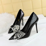 Breakj Korean Version Of Fashion Banquet High Heels Fine Heel Super High Heel Shallow Mouth Pointed Water Diamond Bow Single Shoe