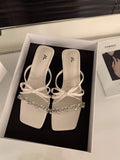 Breakj Summer New Fashion Rhinestone Bow One Word High Heel Cool Drag Slippers Women's