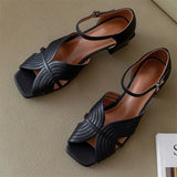 Sandals Shoes Women Genuine Leather Ankle Strap Shoes Med Thick Heel Sandals Square Toe Cow Leather Lady Sandals