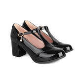 Women's Classic T-Strap Patent Leather Pumps High Chuncky Heel Mary Jane Round Toe Oxfords Dress Shoes Japanese Office Lady