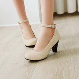 Spike Heel Ladies Pumps Lychee Grain Leather Round Toe Colorful Party Handmade Ankle Strap Shoes Women Elegant Fashion Plus