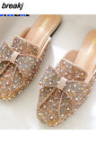 Crystal Ladies Slippers Mules Slides Slippers Women Shoes Bow Knot Square toe Square Flat Shoes Woman