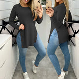 New Autumn Casual Long Sleeve Tops 2022 Spring Women Elegant O Neck Rib Blouse Fashion Sexy Side Slit Button Long Shirt