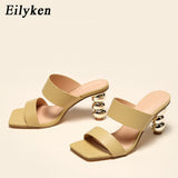 New Design Metal Strange High Heels Summer Women Slipper Elegant Square Toe Slip-On Sliders Shoes Ladies Sandals Size