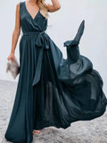Sexy Wrap V-Neck Office Women's New Solid Sleeveless Long Dress Elegant Ladies Dress Summer Sleeveless Bohemian Beach Chic