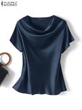 Women Summer Blouses ZANZEA 2022 Fashion Satin Tops Short Sleeve Blusas Female O Neck Casual Home Wear Tunic Chemise