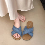 Breakj New Retro Weaving Flat Shoes Pure Color Round Head Wearing Sandals Daily Casual Fashion Commuting Slippers