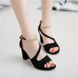 New Buckle Roman Coarse Sandals Female Korean Version Of Casual High Heels Beaded Fish Mouth Women