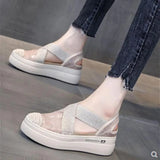 Women Sandals 2021 New Casual Cutouts Lace Canvas Shoes Hollow Floral Breathable Platform Flat Sandals Zapatos De