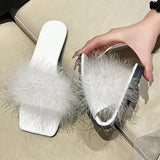 Blue Summer Flat Fur Slipper Women 2023 Soft Bottom Non Slip Slides Shoes Woman Fashion Square Toe Fluffy