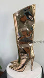 Women's High Boots Gold Silver Pointed Toe Knee-high Boots For Woman Sexy High Heels Party Shoes Ladies Stiletto botas