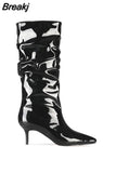 Women Mid-Calf Boots Sexy Solid Color Leather Folds Boots Pointed Toe Thin Heels Stiletto Party Shoes Large Size