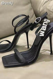 New Style Square Toe Ladies Sandals Crystal Letters Decorated Ladies High Heels Sexy High Heels Wedding Dress High