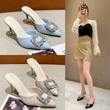 Female 2023 High Quality Mules Pumps Summer New Square Rhinestone Women Slippers Sexy Pointed Toe Thin Heels Party