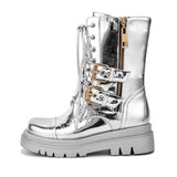 Women Silver Short Boots Belt Buckle Rhinestone Cross Strap Women's Mid Calf Boots Platform Motorcycle Martin Boots Trend