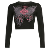Angel Wings Print Tops Fairy Grunge Graphic T Shirts Vintage Indie Aesthetic Clothes Cyber Y2k Slim Long Sleeve