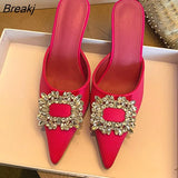 Sexy Pointed Toe Stiletto High Heels Mules Slippers Sandals Fashion Crystal Buckle Design Slip-On Pumps Women Shoes