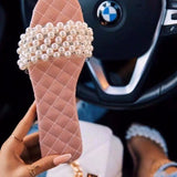 Pink 2021 Pearl Women Sandals Slippers Square Toe Slides Summer Fashion Design Ladies Size 35-43 Zapatillas Mujer Casa