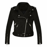 Women Faux Suede Jacket Coats Motorcycle Zipper Turndown Collar Faux Soft Leather Overcoat Female Black Punk Short