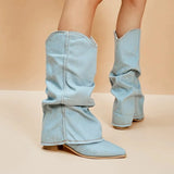 Pleated Cowgirl Boots for Women 2023 Pointed Toe Denim Mid Calf Boots Woman Fashion Thick Heels Western Botas Plus