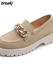 Size 34-42 Women Casual Loafers Real Leather Flats Fashion Platform Shoes Chain Chunky Heel Shoes Ladies Retro