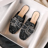 Shoes Mules For Women 2024 Ladies' Slippers Rivet Cover Toe Butterfly-Knot Low Square heel Loafers Flock New Pointed