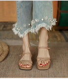 Women's Sandals Fashion Solid Cross Strap Female Flats 2cm 2023 Summer Square Head Outdoor Wear Belt Buckle Ladies