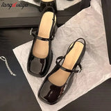 Heels Mary Jane Sandals Women 2023 Summer Red Patent Leather Slingbacks Pumps Woman Square Toe Thick Heeled Shoes