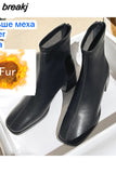 Winter Genuine Leather Women boots Square High Heels Zapatos De Mujer White Shoes Ankle Boots Black Woman Zipper