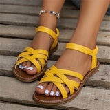 Breakj Round Head Flat Woven One-Word Buckle Sandals Women's Large Size Simple Beach Roman
