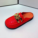 Women Slipper Low Heels Casual Slides Flip Flop Round Toe New Arrival Brand Design Gold Chain Closed Slip On Shoes