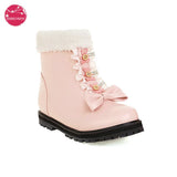 2021 Autumn Winter Lolita Ankle Boots for Women Chunky Heels Pink Black White Cute Bowtie Faux Fur Ladies Warm Shoes Side