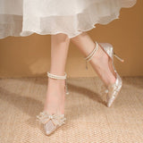 Breakj Shoes Women's Pearl Straps High-End Squint Crystal Shoes Silver French High Heels High Heels Do Not Tired Wedding