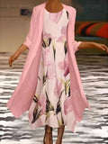 Spring Elegant Dress Suit Retro Printed Round Neck Dress Solid Jacket Two Piece Women 2022 New Fashion Office Long Dress