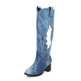 Round Toe Chunky Heel Denim Mid-Calf Long Boots Womens Heeled Jeans Slouchy Boots Girls Spring Autumn Shoes 2020 New
