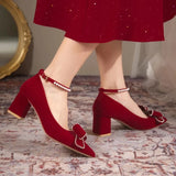 Pointed Toe Bride Shoes for Wedding 2023 Luxury Pearls Ankle Strap Flock Pumps Woman Bowknot Sqaure Heels Party Shoes