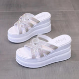 A Wedge Slippers Women Summer Glitter Slides Platform High-Heeled Shoes Lady Pantofle Soft Jelly 2024 Crystal Rubber
