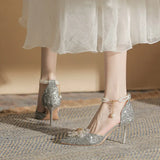 Sequin Crystal Wedding Shoes 2023 New Hollow Single Shoe Shallow Mouth Female Pointed Head Sexy Fashion
