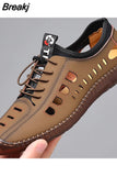 Men's Leather Casual Shoes Soft Bottom Men's Handmade Stitching Hollow Sandals Breathable Outdoor Work Shoes for