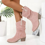 Breakj Mid-Clinity Fashion Boots Women Large-Size Retro Coarse And Folded Feet V Mouth Western