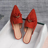 Shoes Mules For Women 2024 Ladies' Slippers Rivet Cover Toe Butterfly-Knot Low Square heel Loafers Flock New Pointed