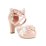 Side Empty High Heels Women Dress Shoes Ankle Strap String Bead Pearl Princess Cosplay Lolita Wedding Pumps Sweet Lace Edge