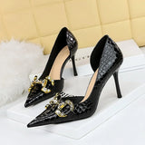 Breakj Banquet High Heels Fine Heel High Heel Shallow Tip Side Hollow Out Metal Diamond Buckle Single Shoes Women's