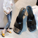 Breakj Summer New Word Lingge French Cool Slippers Women Wear Square High Heels Fine Heel Half-To-Sand