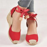 Breakj Summer New Large-Size Slopes And Women's Sandals Thick-Soled Buns Heel Heel Heel Tie Cloth Hemp Rope Sandals